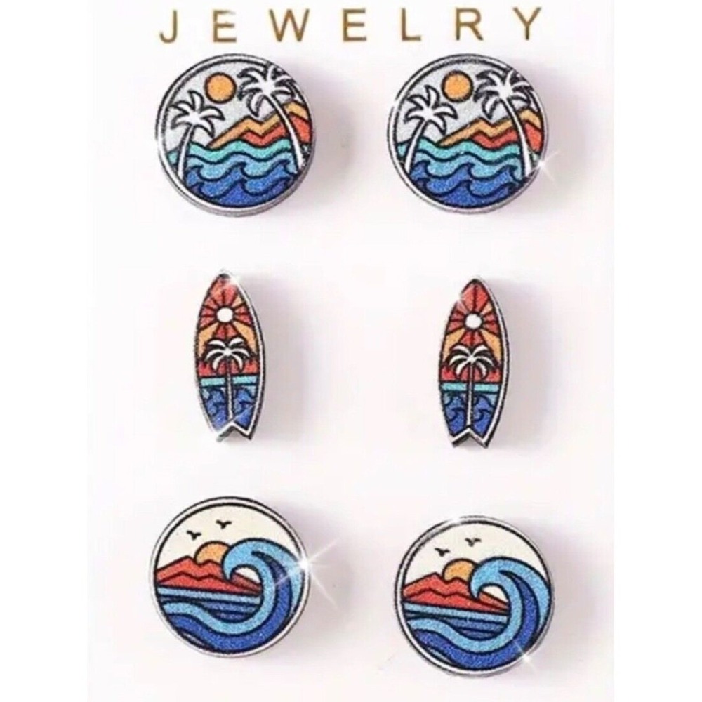Beach Wood Stud Earrings Set of 3 Beach Scenes Surfboard Waves Ocean NEW‎